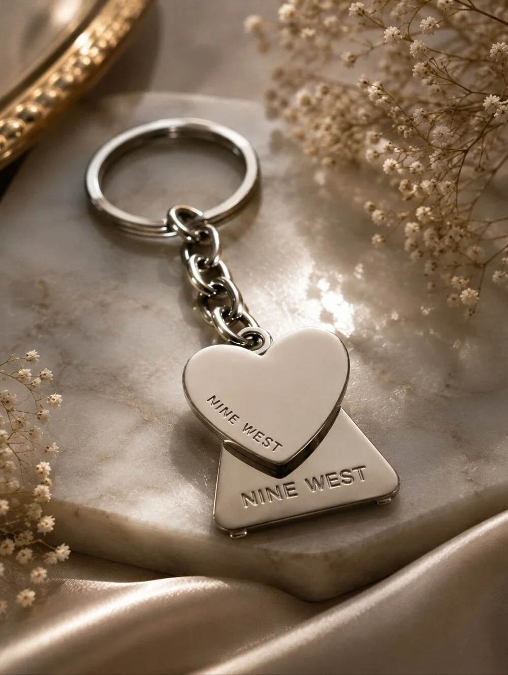 Nine West Polished Silver Heart & Triangle Keychain